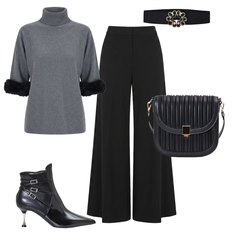 Outfit donna - Minimal chic Rinascimento. Stile Glamour per Tutti i giorni. Abbinamento con borse a tracolla, cinture, stivaletti, pantaloni, maglieria.