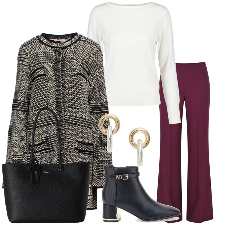 Outfit donna - Anna. Stile Casual chic per Tutti i giorni. Abbinamento con cappotti, shopping bag, maglieria, pantaloni a palazzo, orecchini, stivaletti.
