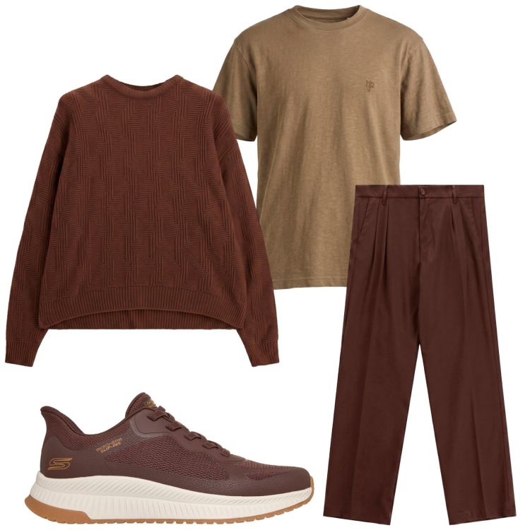 Outfit uomo - Colori cioccolato. Stile Urban per Tutti i giorni. Abbinamento con t-shirt, pantaloni, maglieria, sneakers.