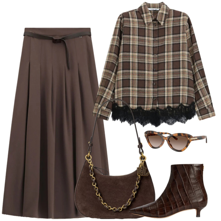 Outfit donna - La camicia. Stile Casual chic per Serata fuori. Abbinamento con gonne lunghe, camicie, occhiali da sole, borse a spalla, stivaletti.