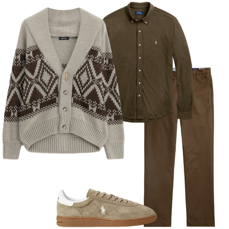 Outfit uomo - Casual style. Stile Casual per Tutti i giorni. Abbinamento con cardigans, camicie, sneakers, pantaloni chino.