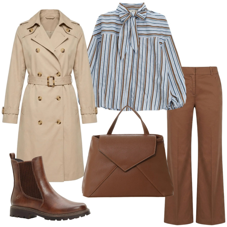 Outfit donna - Oggi è prevista pioggia ️. Stile Basic per Ufficio. Abbinamento con stivaletti, pantaloni, borse a mano, bluse, trench.