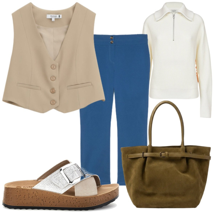 Outfit donna - Total look #2468979. Stile Casual per Tutti i giorni. Abbinamento con maglieria, gilet, pantaloni, borse a spalla, ciabatte.