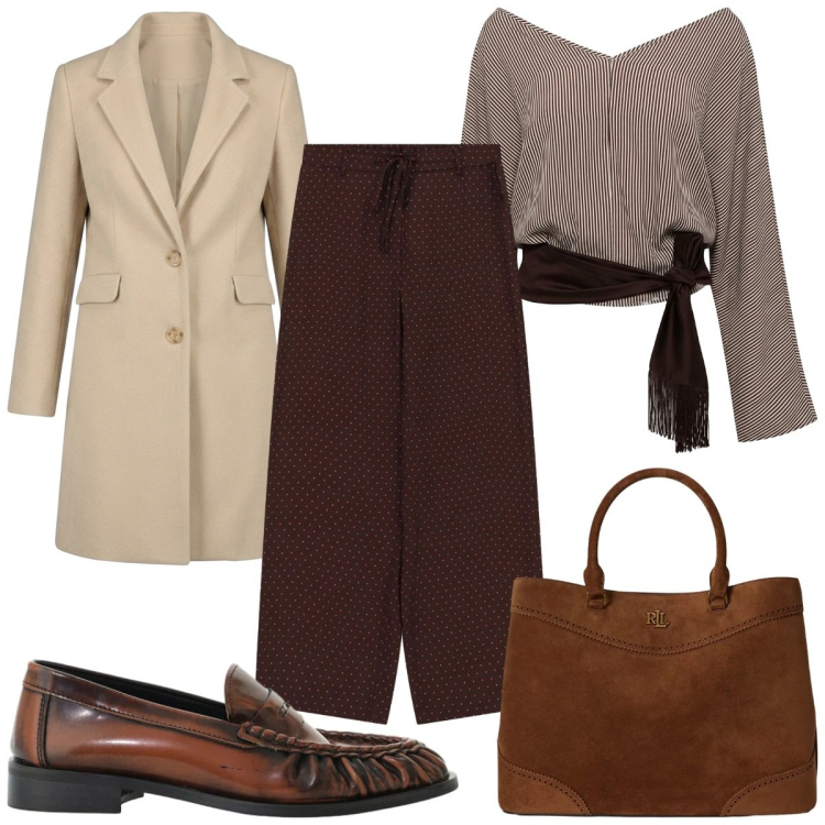 Outfit donna - Total look #2468981. Stile Trendy per Tutti i giorni. Abbinamento con top, pantaloni a palazzo, mocassini, cappotti, borse a mano.