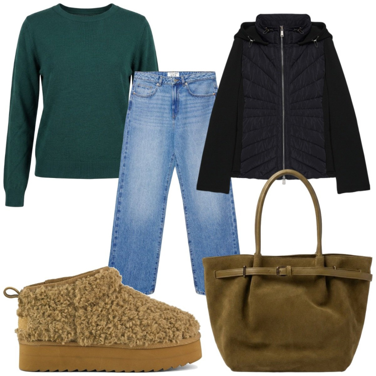 Outfit donna - Total look #2468982. Stile Casual per Tutti i giorni. Abbinamento con jeans dritti, piumini, borse a spalla, maglieria, stivaletti.