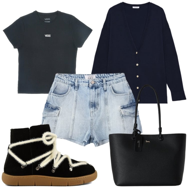 Outfit donna - Total look #2468983. Stile Basic per Tutti i giorni. Abbinamento con shopping bag, shorts, cardigans, t-shirt, stivaletti.