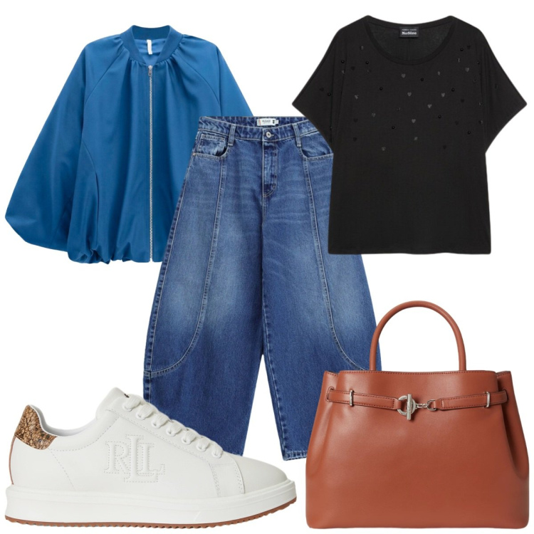 Outfit donna - Total look #2468984. Stile Casual per Tutti i giorni. Abbinamento con bomber, jeans, t-shirt, sneakers, borse a mano.