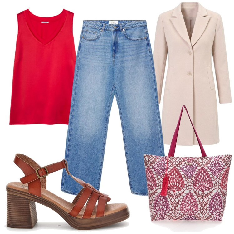Outfit donna - Total look #2468986. Stile Trendy per Tutti i giorni. Abbinamento con jeans dritti, cappotti, top, sandali col tacco, shopping bag.