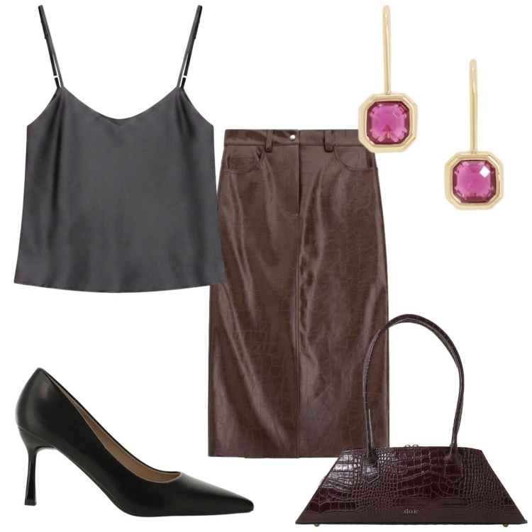 Outfit donna - Total look #2468987. Stile Glamour per Serata fuori. Abbinamento con décolleté, top, gonne longuette, borse a spalla, orecchini.