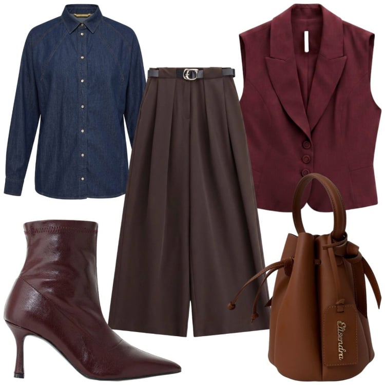 Outfit donna - Total look #2468988. Stile Trendy per Tutti i giorni. Abbinamento con camicie, pantaloni a palazzo, stivaletti, gilet, borse a secchiello.