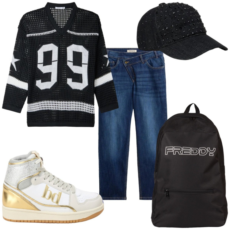 Outfit donna - Total look #2468989. Stile Urban per Tutti i giorni. Abbinamento con jeans mom, sneakers alte, maglieria, zaini, cappelli con visiera.