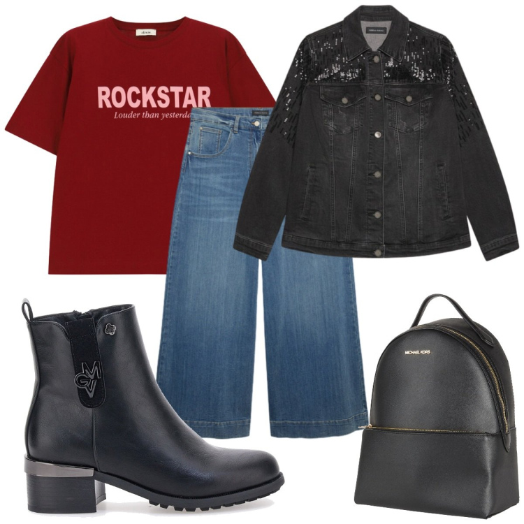 Outfit donna - Total look #2468990. Stile Rock per Tutti i giorni. Abbinamento con zaini, t-shirt, cappotti, jeans, stivaletti.