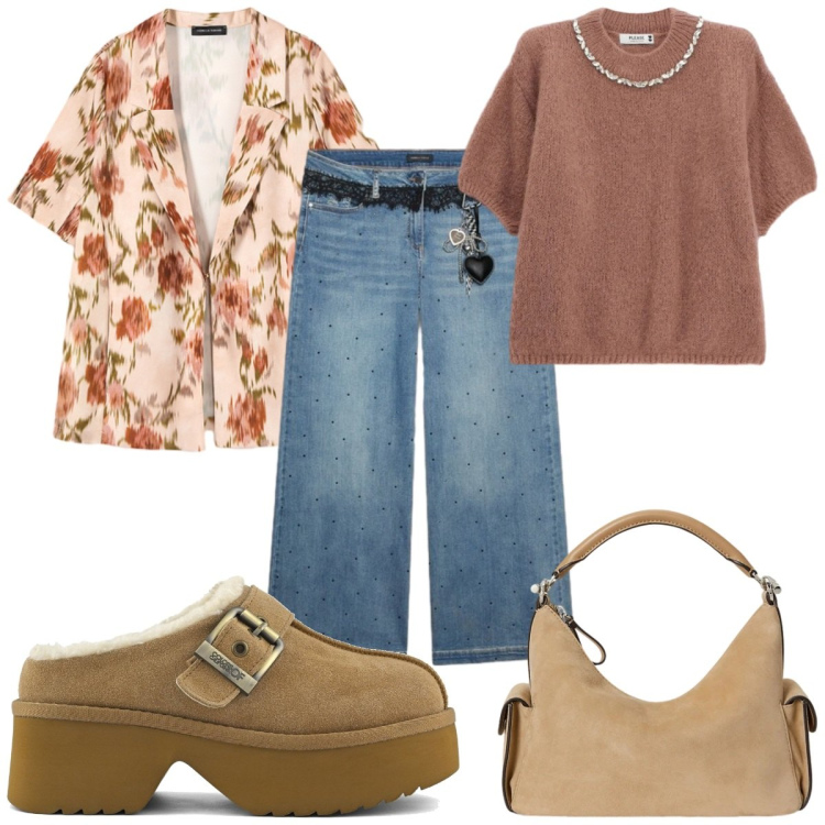 Outfit donna - Total look #2468991. Stile Romantica per Tutti i giorni. Abbinamento con maglieria, jeans, blazer, borse a spalla, sabot.