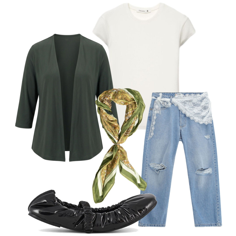Outfit donna - Total look #2468994. Stile Basic per Tutti i giorni. Abbinamento con t-shirt, jeans strappati, blazer, foulard, ballerine.