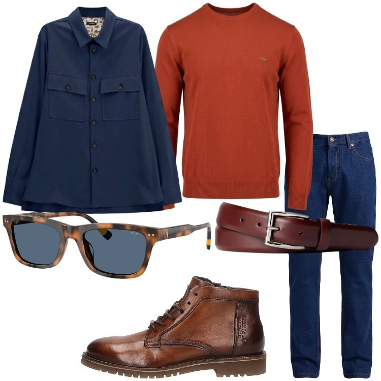Outfit uomo - Urban transition. Stile Trendy per Tutti i giorni. Abbinamento con jeans, maglieria, camicie, cinture, occhiali da sole, stivali e stivaletti.