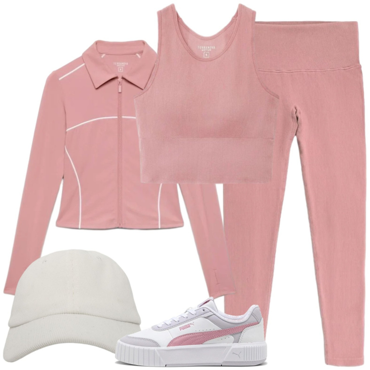 Outfit donna - Classe di yoga del giovedì. Stile Sporty chic per Sport. Abbinamento con felpe sportive, leggings sportivo, top sportivi, cappelli con visiera, sneakers.