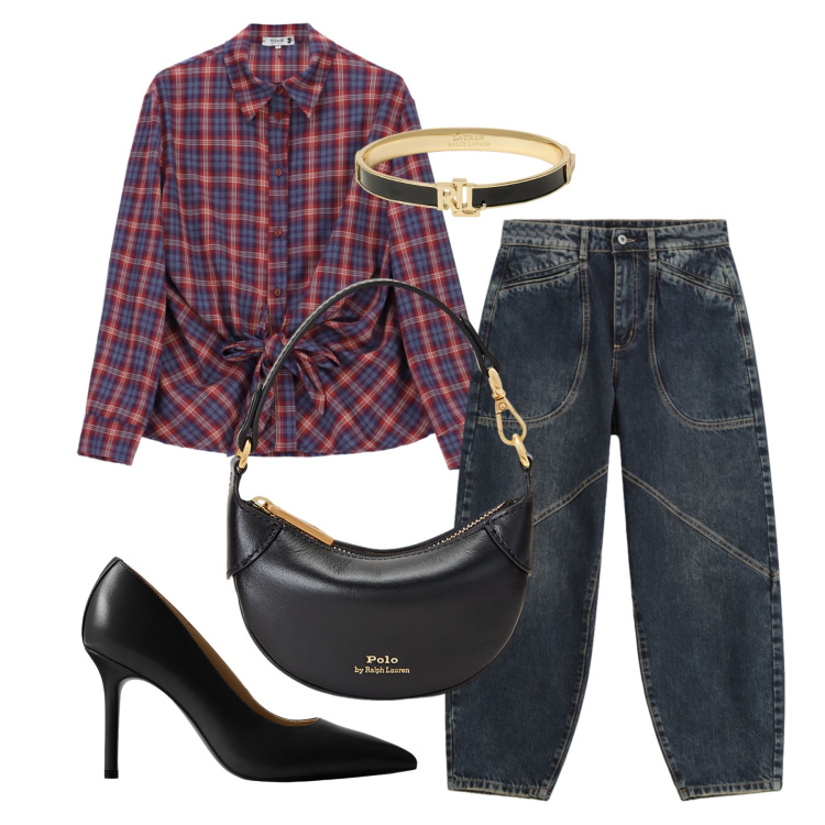 Outfit donna - Settembre. Stile Casual chic per Tutti i giorni. Abbinamento con jeans, camicie, portafogli, décolleté, braccialetti.