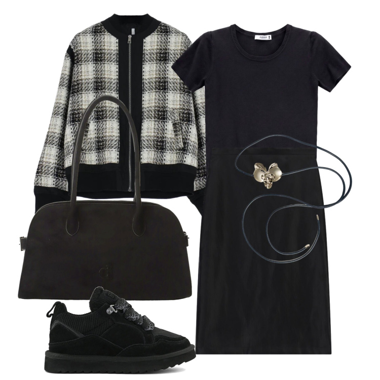 Outfit donna - Settembre. Stile Trendy per Tutti i giorni. Abbinamento con bomber, gonne longuette, borse a spalla, t-shirt, cinture, sneakers alte.