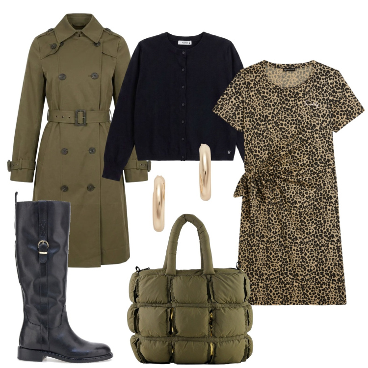 Outfit donna - Layering metropolitano. Stile Urban per Ufficio. Abbinamento con cardigans, vestiti midi/longuette, borse a mano, trench, orecchini, stivali.
