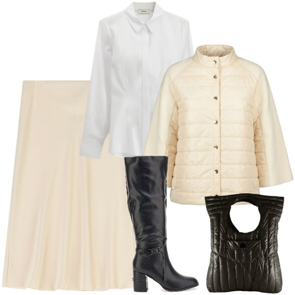Outfit donna - Back to office con pioggia. Stile Chic per Ufficio. Abbinamento con gonne longuette, camicie, borse a mano, blazer, stivali.