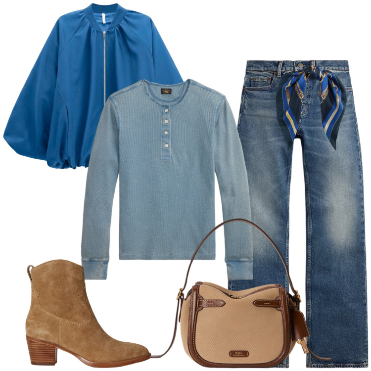Outfit donna - Francy. Stile Casual chic per Tutti i giorni. Abbinamento con bomber, jeans bootcut, stivaletti, borse a mano, foulard, t-shirt.
