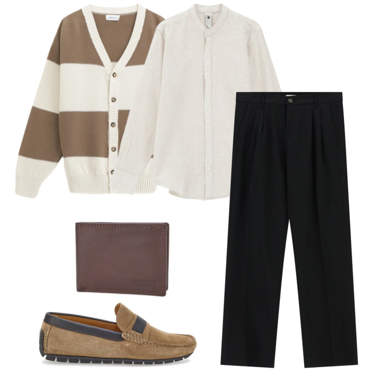 Outfit uomo - Aperitivo in città. Stile Trendy per Serata speciale. Abbinamento con pantaloni, cardigans, camicie, scarpe stringate, portafogli.