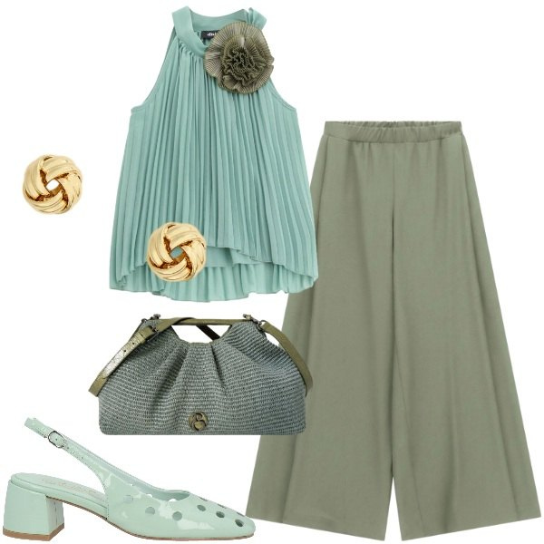Outfit donna - Verde salvia elegante. Stile Romantica per Cerimonia. Abbinamento con décolleté, pantaloni a palazzo, top, clutch, orecchini.