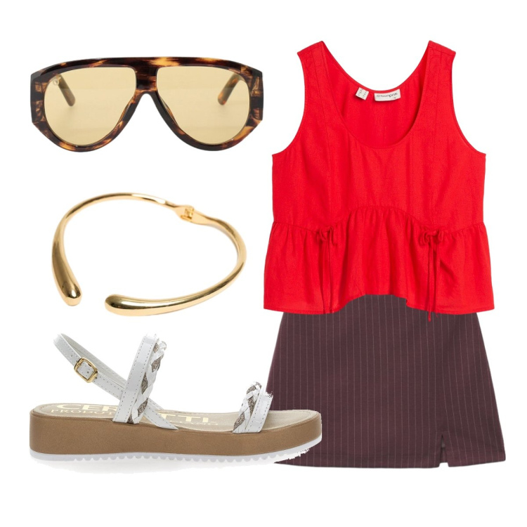 Outfit donna - Aperitivo nelle serate calde. Stile Urban per Serata fuori. Abbinamento con top, occhiali da sole, minigonne, collane, sandali.