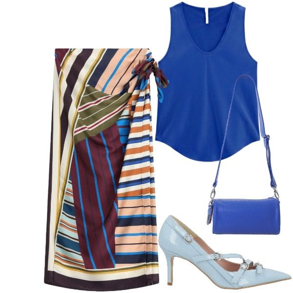 Outfit donna - La gonna pareo. Stile Trendy per Ufficio. Abbinamento con décolleté, gonne lunghe, top, borse a tracolla.