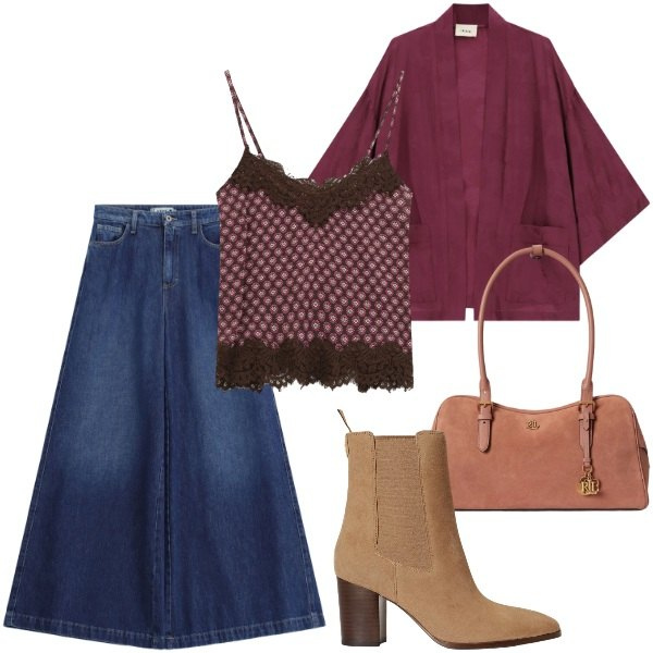 Outfit donna - Cow girl. Stile Etnico per Tutti i giorni. Abbinamento con kimono, top, jeans, borse a mano, stivaletti.
