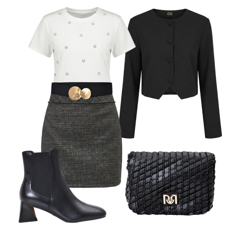 Outfit donna - Settembre. Stile Trendy per Tutti i giorni. Abbinamento con borse a tracolla, cinture, stivaletti, blazer, t-shirt, minigonne.