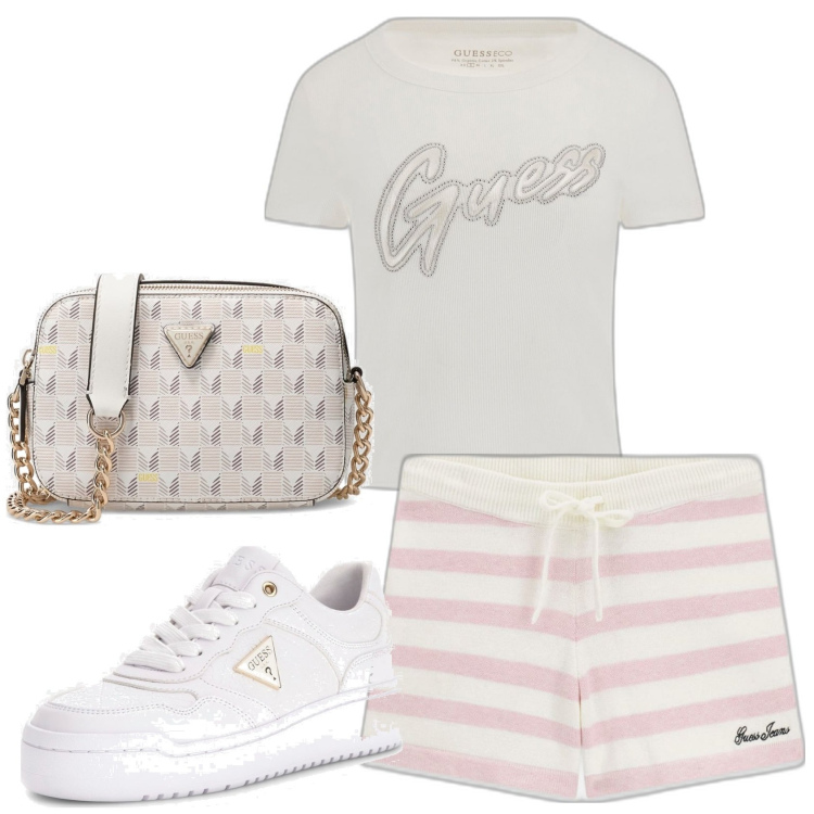 Outfit mujer - Casual. Estilo Casual para Todos los días. Combinación con sneakers, bandoleras, camiseta, pantalones cortos.