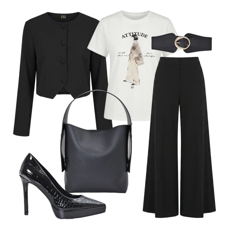 Outfit donna - Settembre. Stile Casual chic per Tutti i giorni. Abbinamento con t-shirt, borse a spalla, décolleté, blazer, cinture, pantaloni.