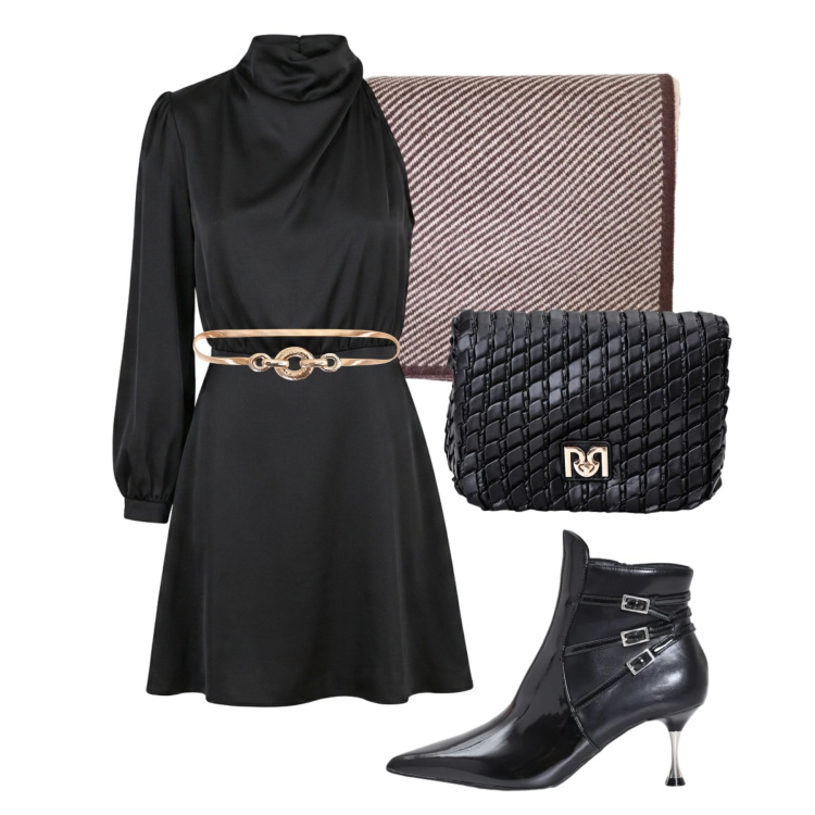 Outfit donna - Settembre. Stile Glamour per Serata fuori. Abbinamento con vestiti asimmetrici, borse a tracolla, cinture, stivaletti, sciarpe.