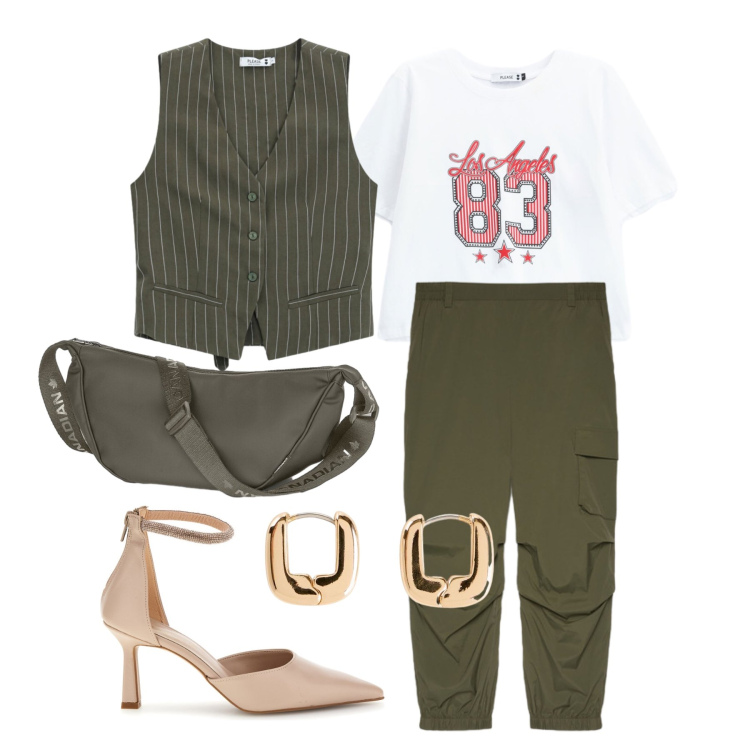 Outfit donna - Settembre. Stile Casual chic per Tutti i giorni. Abbinamento con orecchini, t-shirt, gilet, pantaloni cargo, borse a tracolla, décolleté.