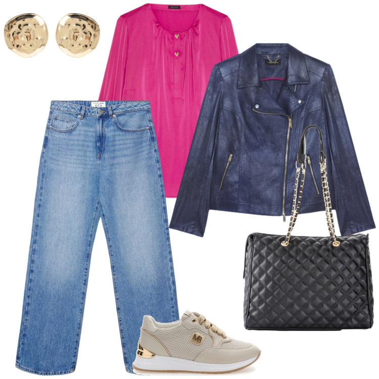 Outfit donna - Giornate settembrine. per Tutti i giorni. Abbinamento con borse a mano, orecchini, jeans dritti, blazer, bluse, sneakers.