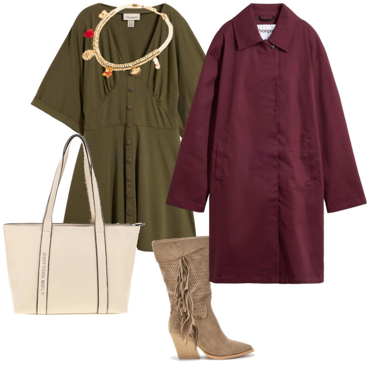 Outfit donna - Il trench bordouxs. per Mare. Abbinamento con vestiti corti, trench, collane, stivaletti texani, shopping bag.