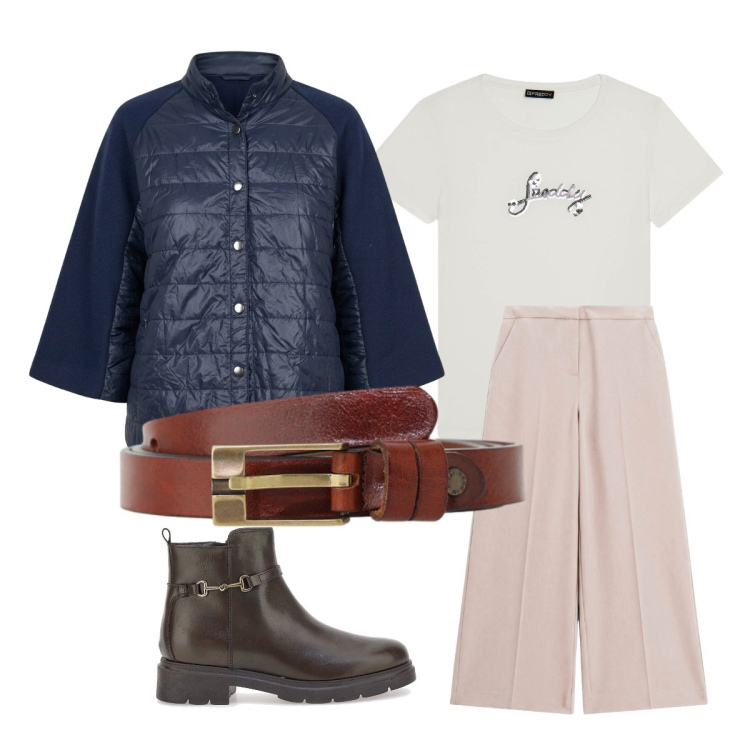 Outfit donna - Settembre. Stile Casual per Tutti i giorni. Abbinamento con pantaloni a palazzo, cinture, t-shirt, blazer, stivaletti.