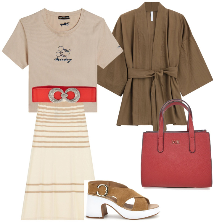 Outfit donna - Ultimi giorni caldi. per Ufficio. Abbinamento con trench, gonne lunghe, t-shirt, borse a tracolla, cinture, sandali col tacco.