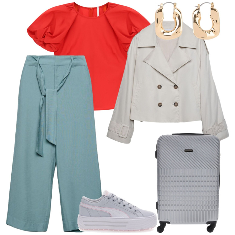 Outfit donna - Vacanze a settembre. per Mare. Abbinamento con orecchini, bluse, caban, pantaloni a palazzo, sneakers, valigie.