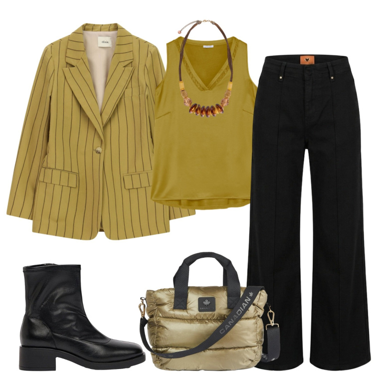 Outfit donna - Total look #2469058. Stile Casual chic per Tutti i giorni. Abbinamento con stivaletti, blazer, top, collane, borse tote, pantaloni.