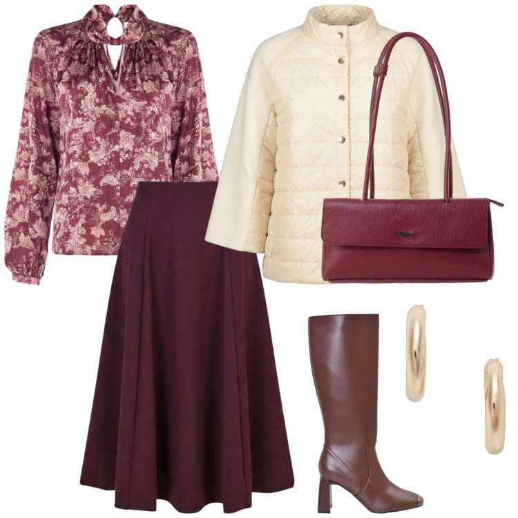 Outfit donna - Blusa e stivali. per Tutti i giorni. Abbinamento con borse a spalla, bluse, gonne lunghe, stivali sopra il ginocchio, blazer, orecchini.