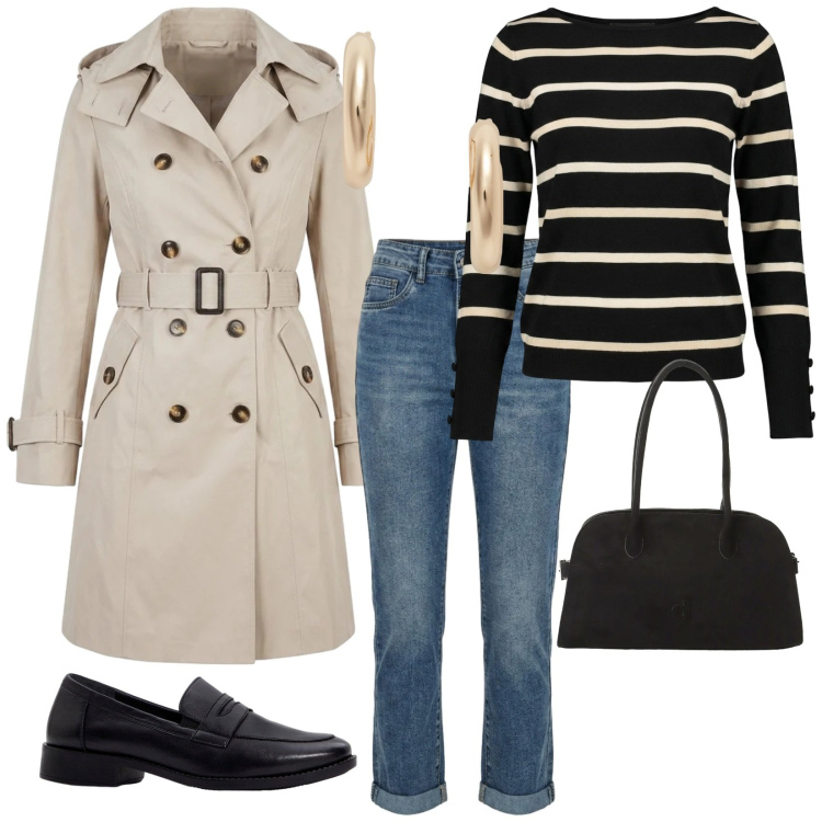 Outfit donna - Urban. per Tutti i giorni. Abbinamento con mocassini, borse a spalla, trench, jeans, maglieria, orecchini.