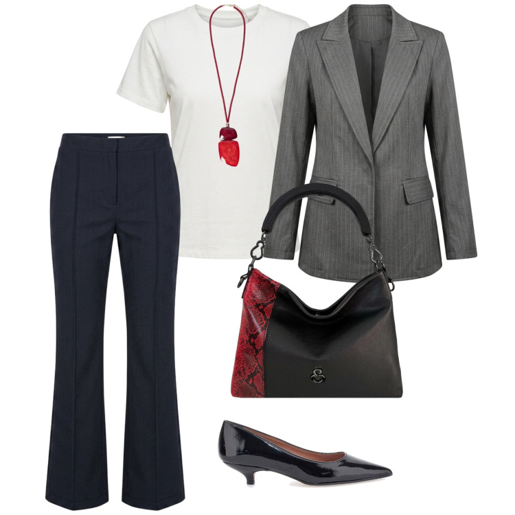 Outfit donna - Nunalie style. per Ufficio. Abbinamento con ciondoli, borse a mano, t-shirt, blazer, leggings, décolleté.