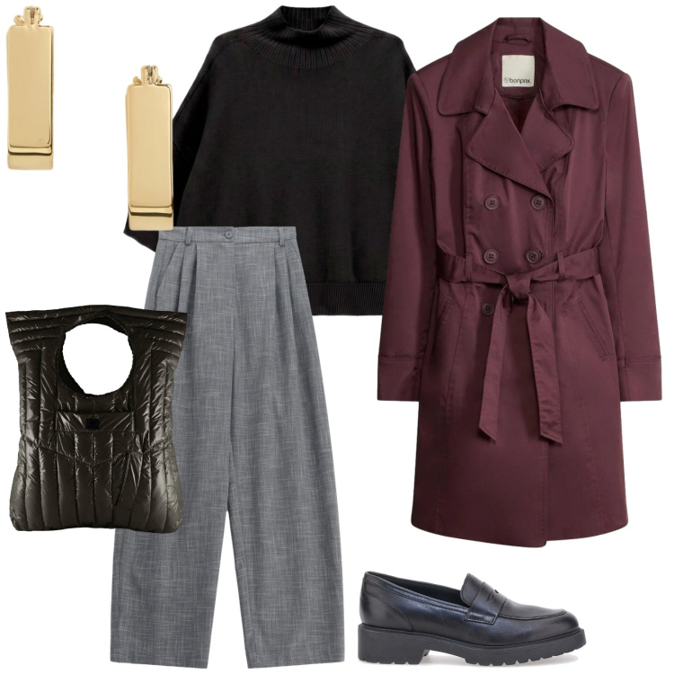 Outfit donna - Autunno style. per Tutti i giorni. Abbinamento con trench, pantaloni a palazzo, maglieria, borse a mano, orecchini, mocassini.