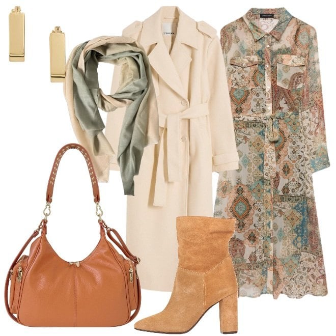 Outfit donna - Borsa color cognac. Stile 70s per Tutti i giorni. Abbinamento con stivaletti, trench, vestiti chemisier, borse a spalla, foulard, orecchini.