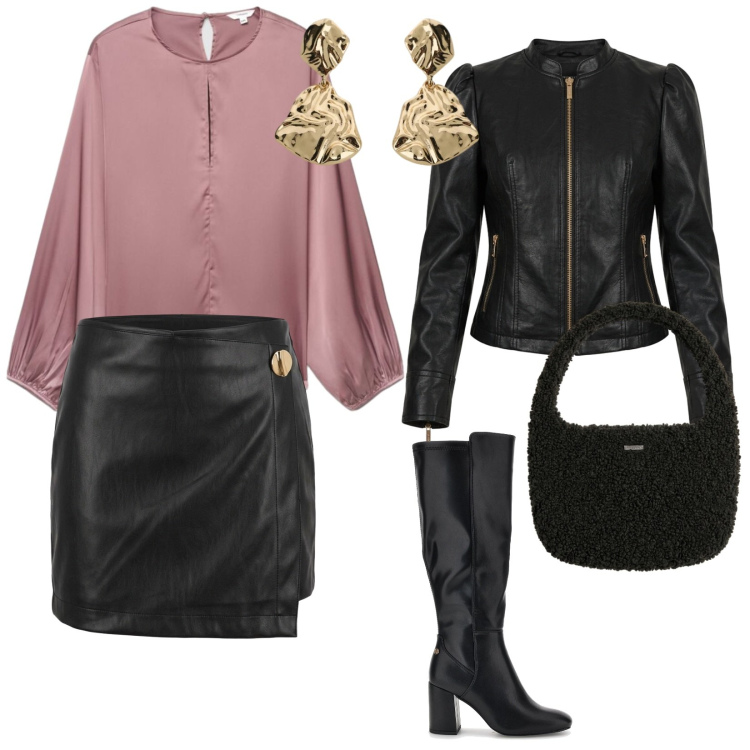 Outfit donna - Night and day. per Tutti i giorni. Abbinamento con orecchini, bluse, borse a mano, minigonne, giacche, stivali sopra il ginocchio.