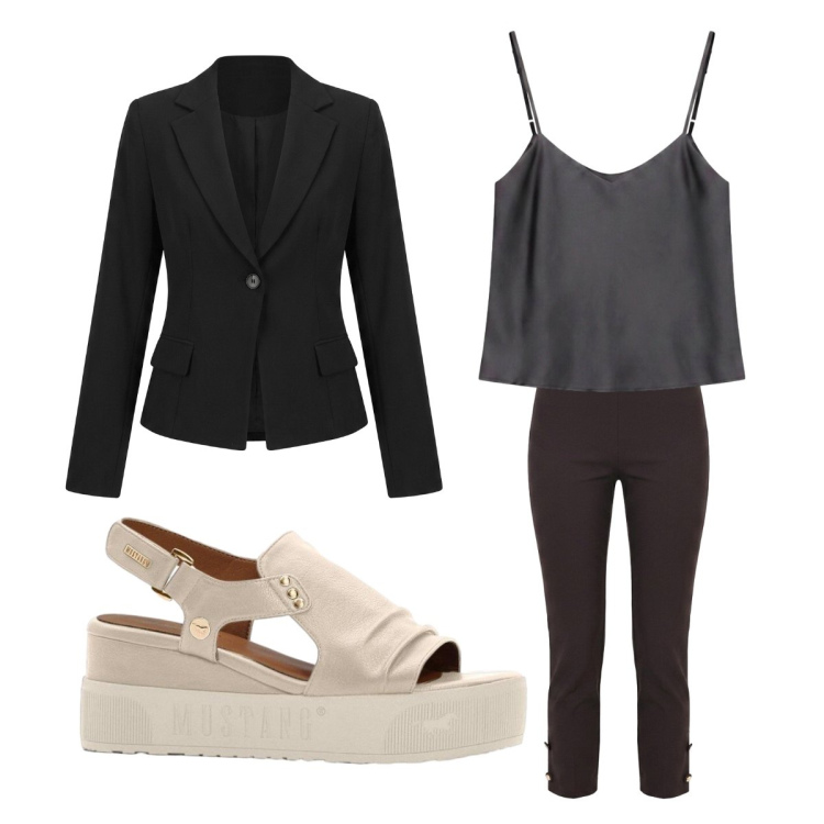 Outfit donna - Settembre. Stile Casual per Ufficio. Abbinamento con sandali, top, pantaloni capri, blazer.