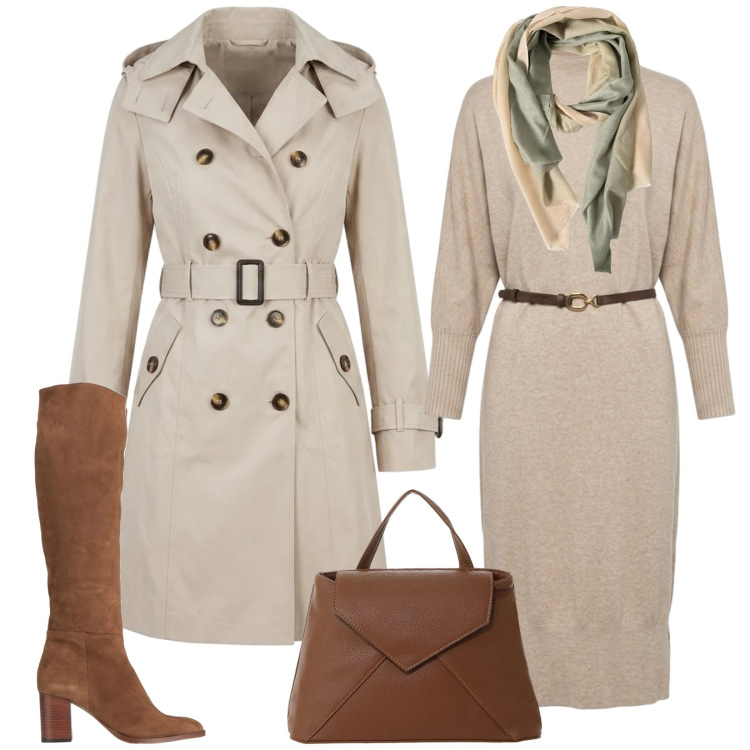 Outfit donna - Total look #2469070. Stile Urban per Ufficio. Abbinamento con stivali, borse a mano, foulard, vestiti midi/longuette, trench.