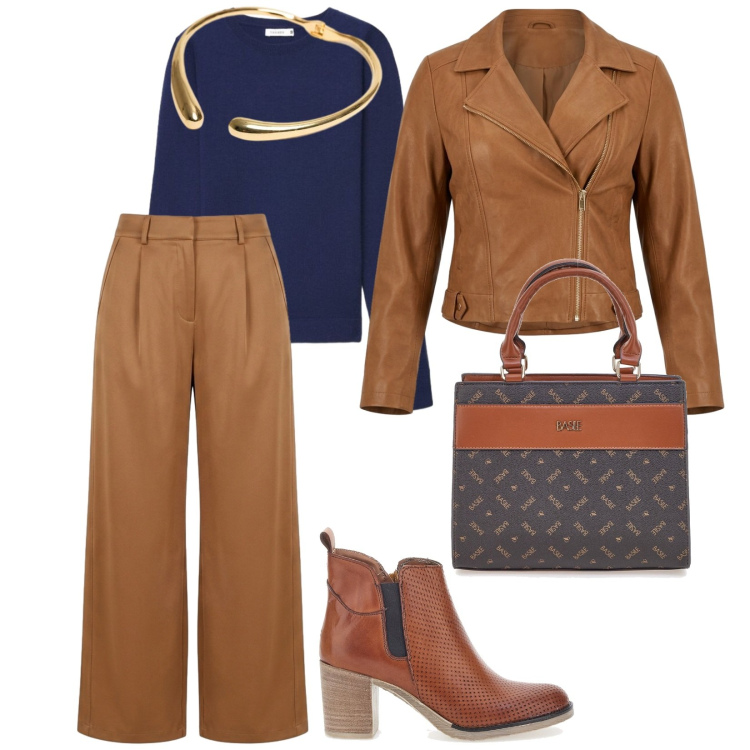 Outfit donna - Urban. per Tutti i giorni. Abbinamento con maglieria, giacche, pantaloni a palazzo, collane, stivaletti, borse a mano.